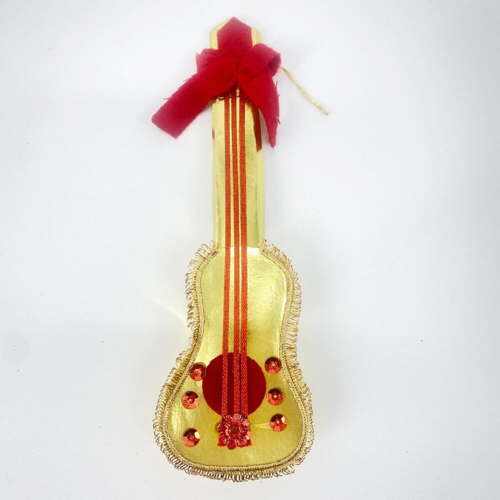 Vintage Gold Guitar Christmas Ornament Red Sequin 7"